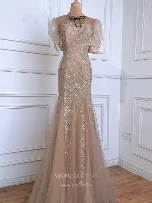 Prom Dress 2025 Champagne Puffed Sleeve Prom Dresses Beaded Mermaid Formal Dresses 21310-unique elegant Prom Dresses-Champagne-US2-vigocouture