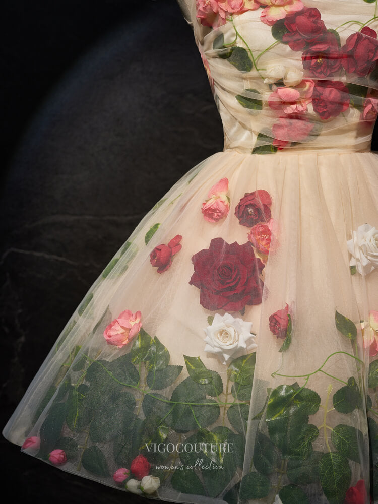 Champagne Rose Blossom Homecoming Dress Floral Short Prom Dress hc304 vigocouture Champagne Rose Blossom Homecoming Dress Floral Short Prom Dress hc304 vigocouture