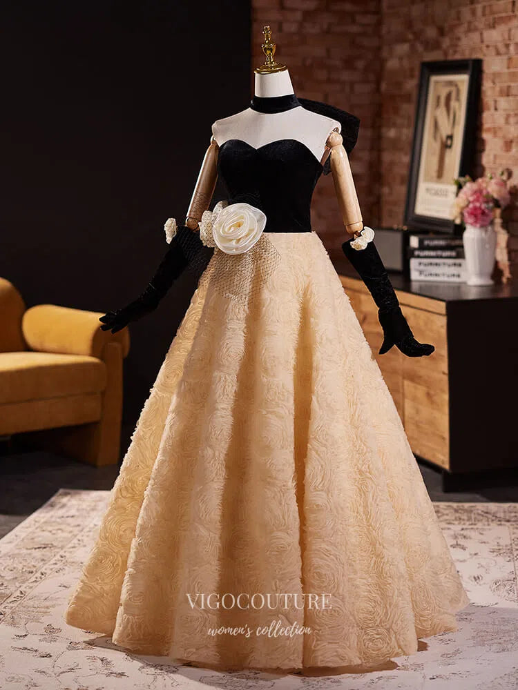 Champagne Rosette Sweetheart Prom Dresses Bow-Tie Ruffled Quinceanera Dress 25052 Champagne / Custom Size
