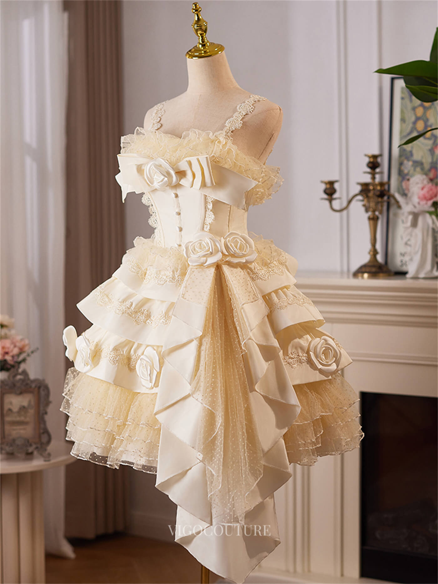 Champagne Ruffled 3D Flower Homecoming Dresses Lace Spaghetti Strap Short Prom Dress hc468 - Champagne / US8 Champagne Ruffled 3D Flower Homecoming Dresses Lace Spaghetti Strap Short Prom Dress hc468 - Champagne / US8