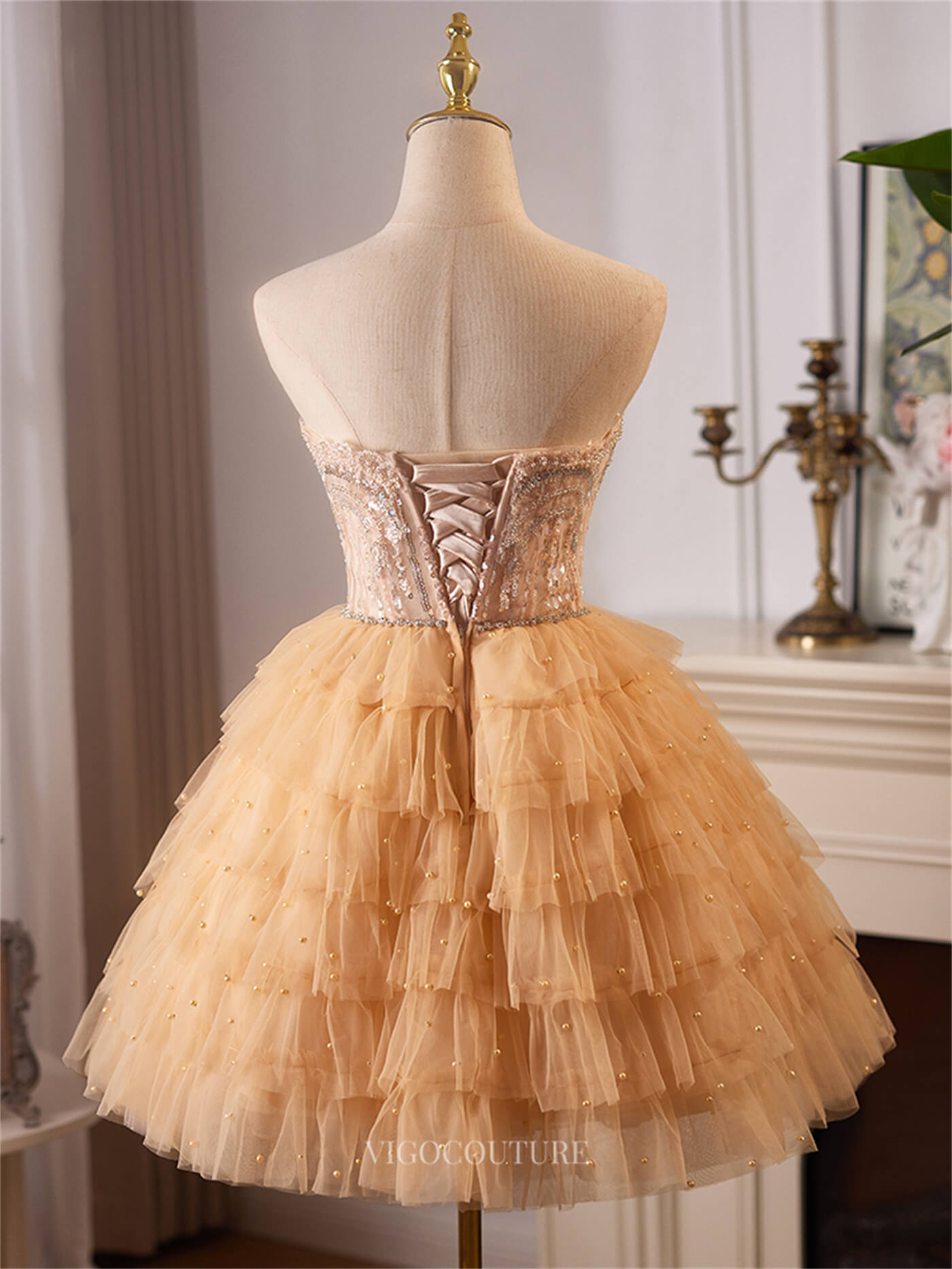 Champagne Ruffled Strapless Homecoming Dresses Lace Short Prom Dress hc467 - Champagne / US16 Champagne Ruffled Strapless Homecoming Dresses Lace Short Prom Dress hc467 - Champagne / US16