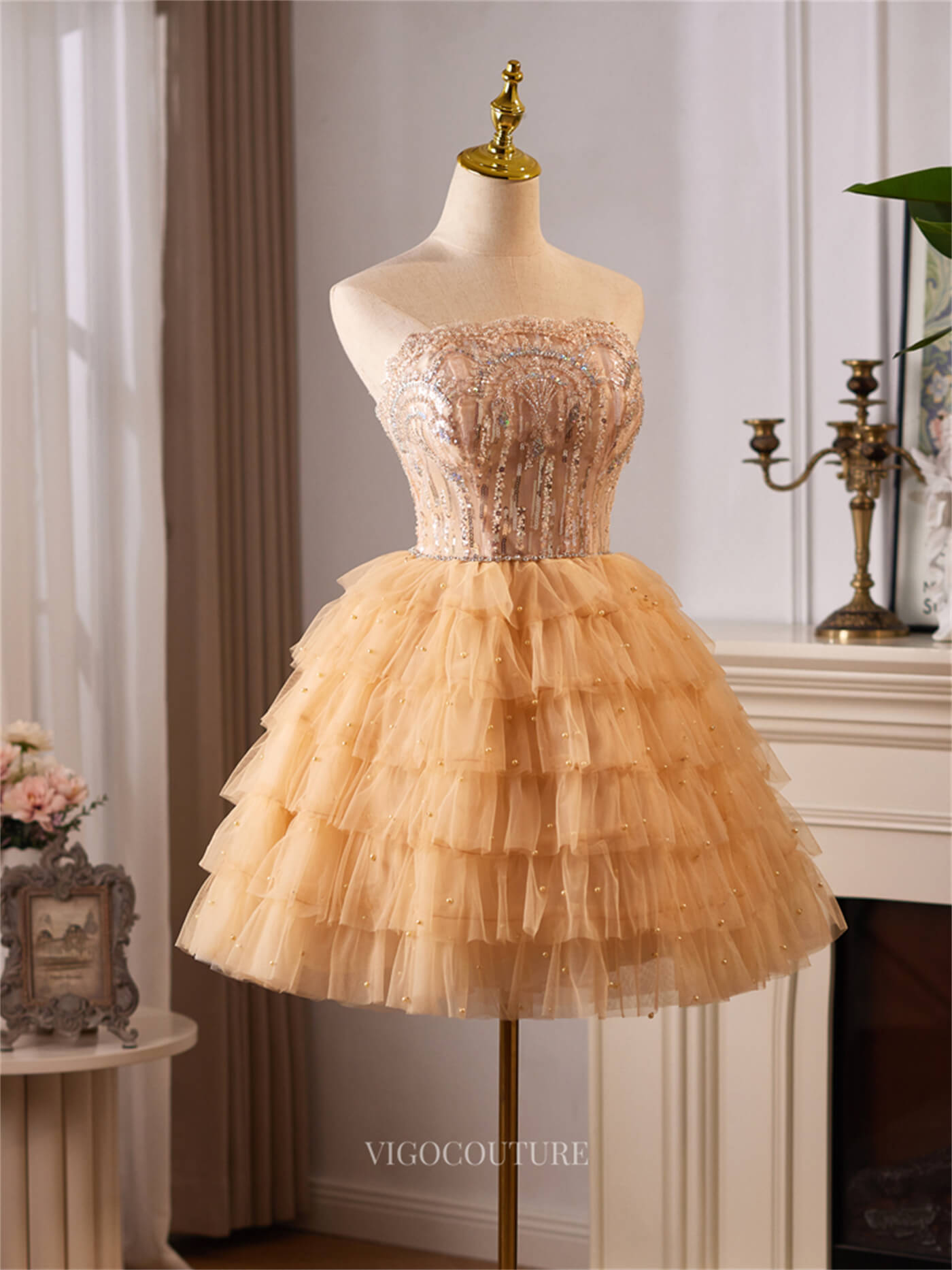 Champagne Ruffled Strapless Homecoming Dresses Lace Short Prom Dress hc467 - Champagne / US16 Champagne Ruffled Strapless Homecoming Dresses Lace Short Prom Dress hc467 - Champagne / US16