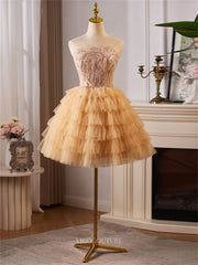 Champagne Ruffled Strapless Homecoming Dresses Lace Short Prom Dress hc467