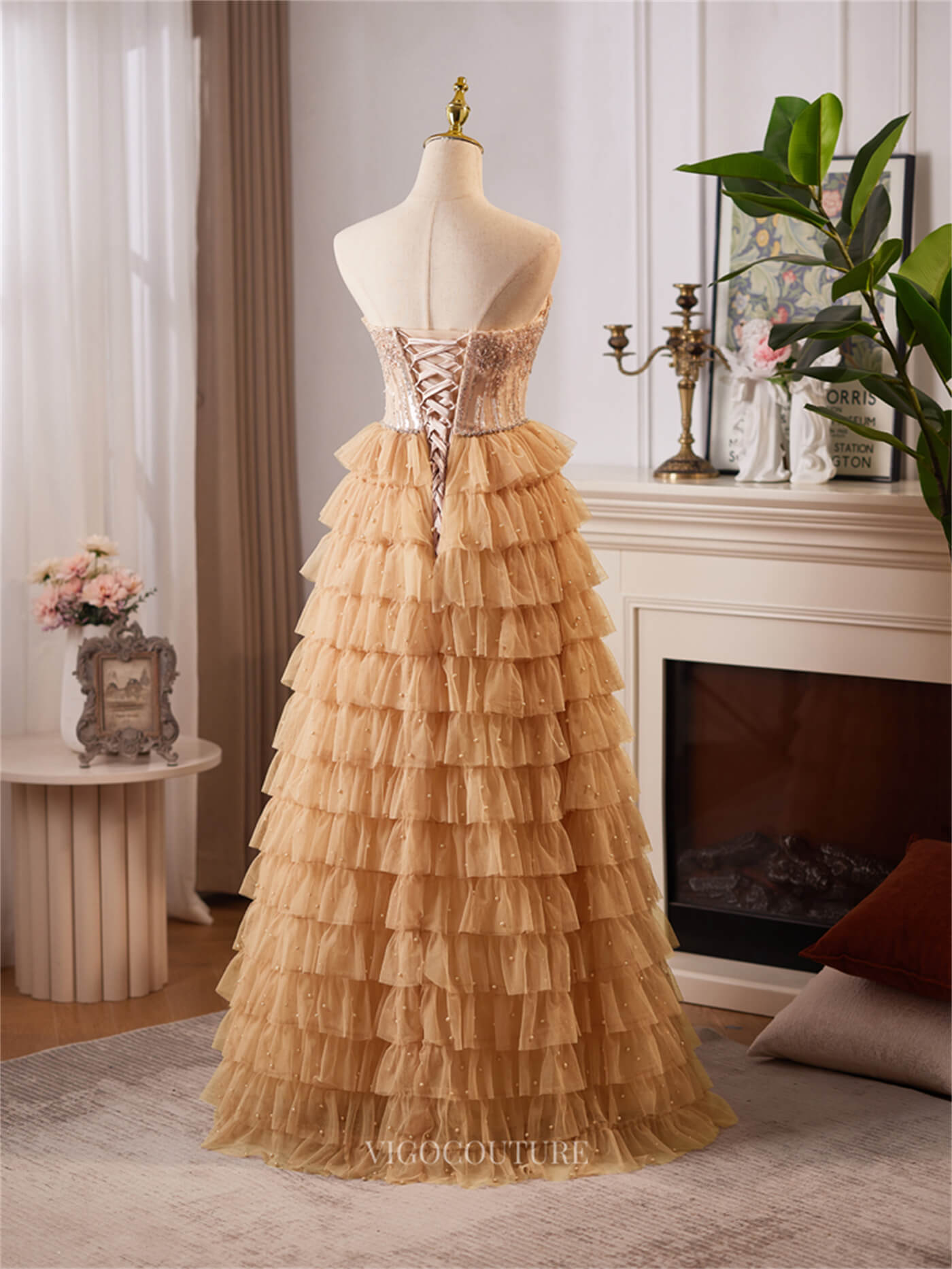 champagne ruffle dress Champagne Ruffled Strapless Prom Dresses Beaded Lace Formal Dress 2508 vigocouture