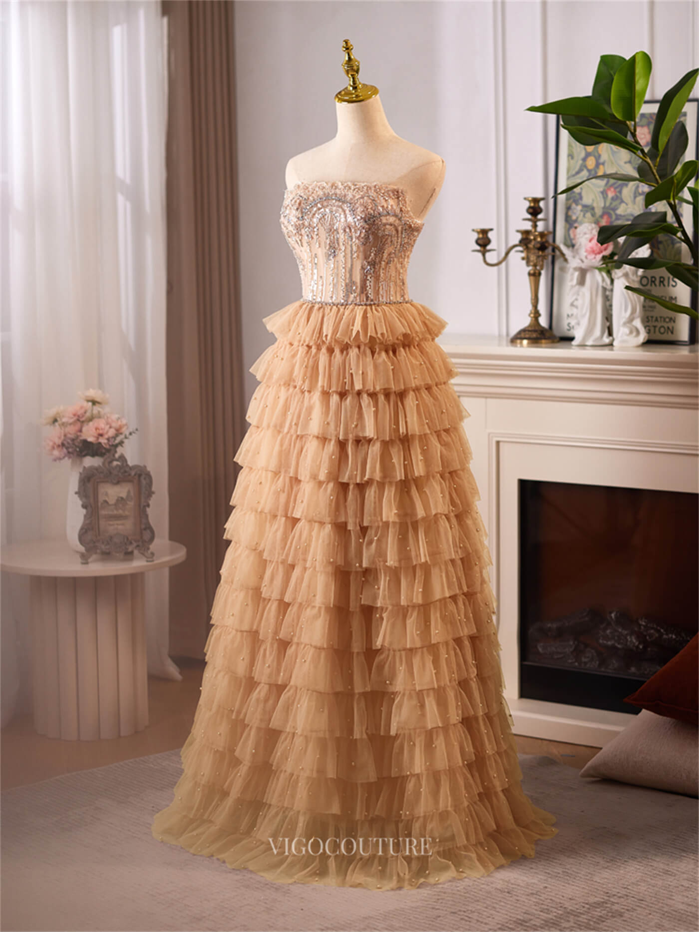 Champagne Ruffled Strapless Prom Dresses Beaded Lace Formal Dress 2508 vigocouture Champagne Ruffled Strapless Prom Dresses Beaded Lace Formal Dress 2508 vigocouture