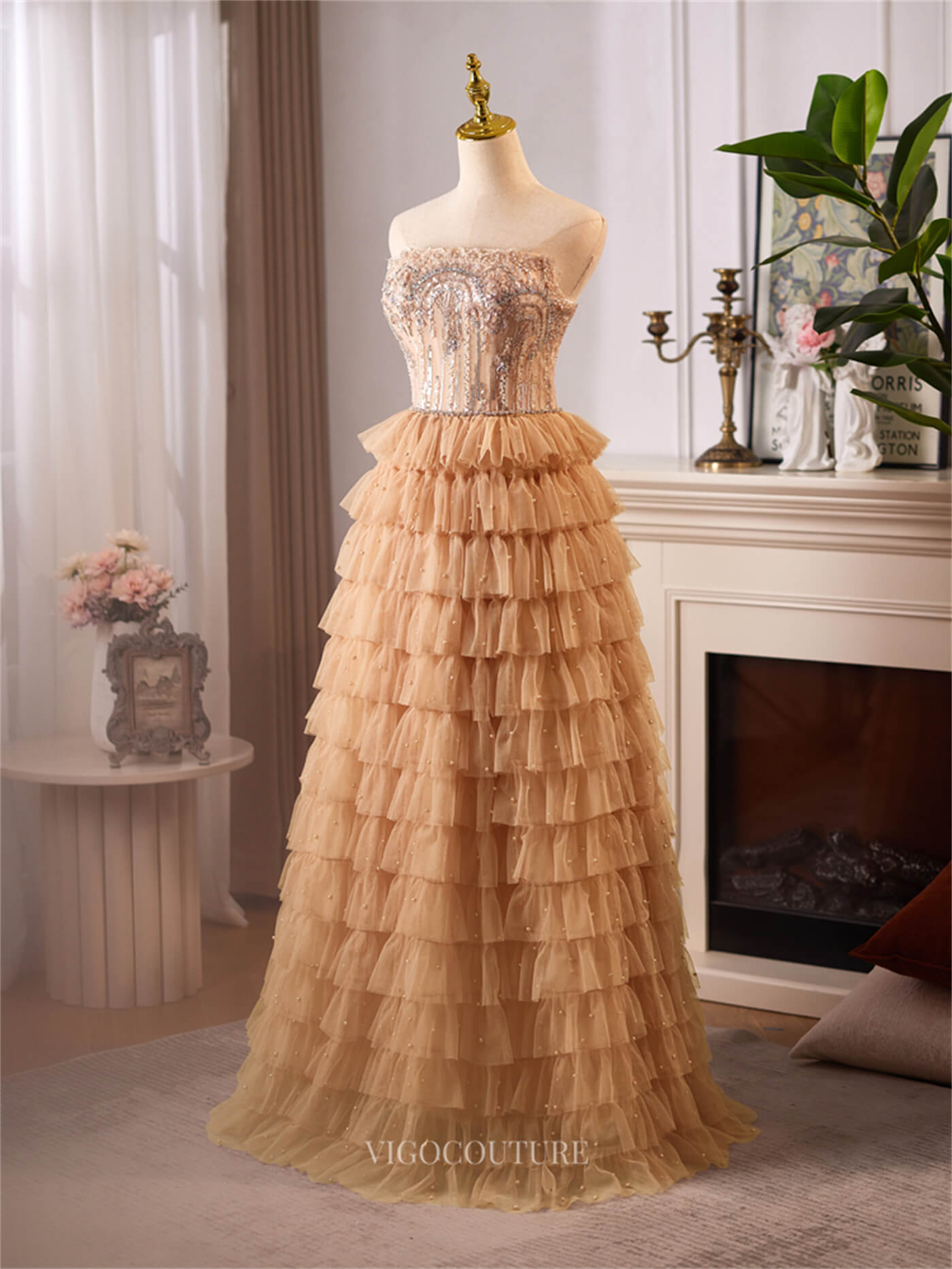 Prom Dress 2025 Champagne Ruffled Strapless Prom Dresses Beaded Lace Formal Dress 25082-unique elegant Prom Dresses-Champagne-Custom Size-vigocouture