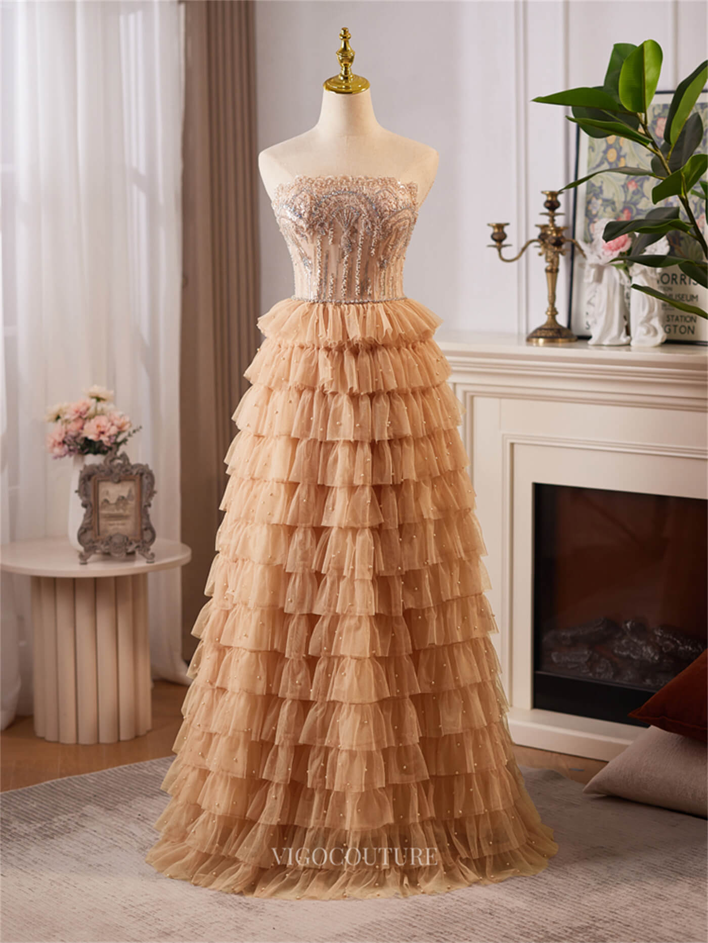 Prom Dress 2025 Champagne Ruffled Strapless Prom Dresses Beaded Lace Formal Dress 25082-unique elegant Prom Dresses-Champagne-Custom Size-vigocouture