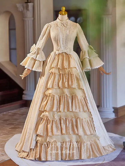 vintage style champagne wedding dress Champagne Ruffled Tiered Bow-Tie Vintage Princess Dress Long Puffed Sleeve Quinceanera Dresses 25047 Champagne / US6