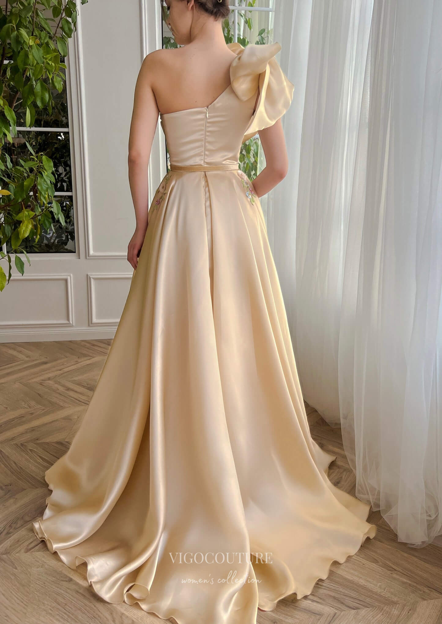 Prom Dress 2025 Champagne Satin Floral Lace Prom Dresses with Pockets Bow One Shoulder Gown with Slit 24472-unique elegant Prom Dresses-Champagne-Custom Size-vigocouture