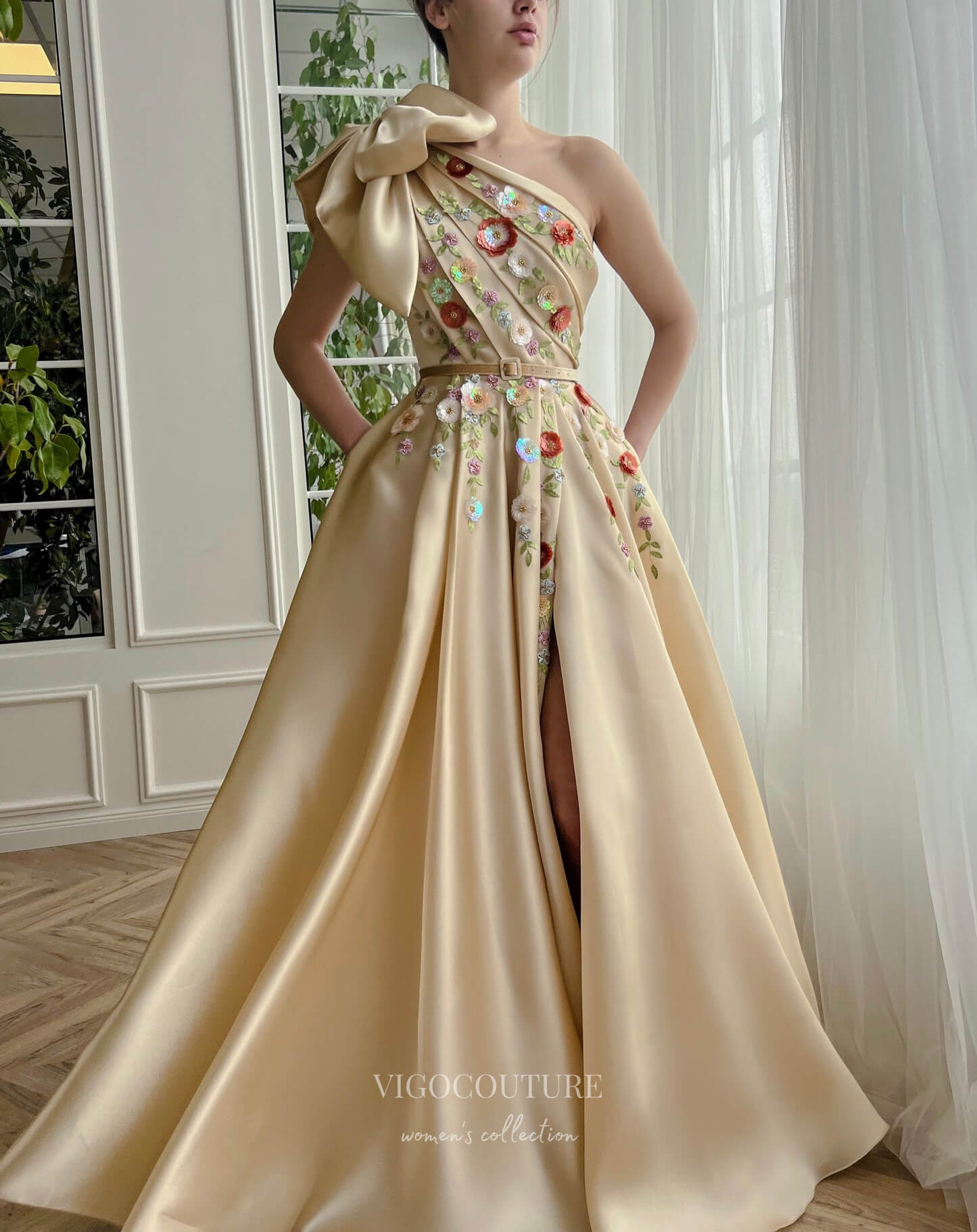 Prom Dress 2025 Champagne Satin Floral Lace Prom Dresses with Pockets Bow One Shoulder Gown with Slit 24472-unique elegant Prom Dresses-Champagne-Custom Size-vigocouture