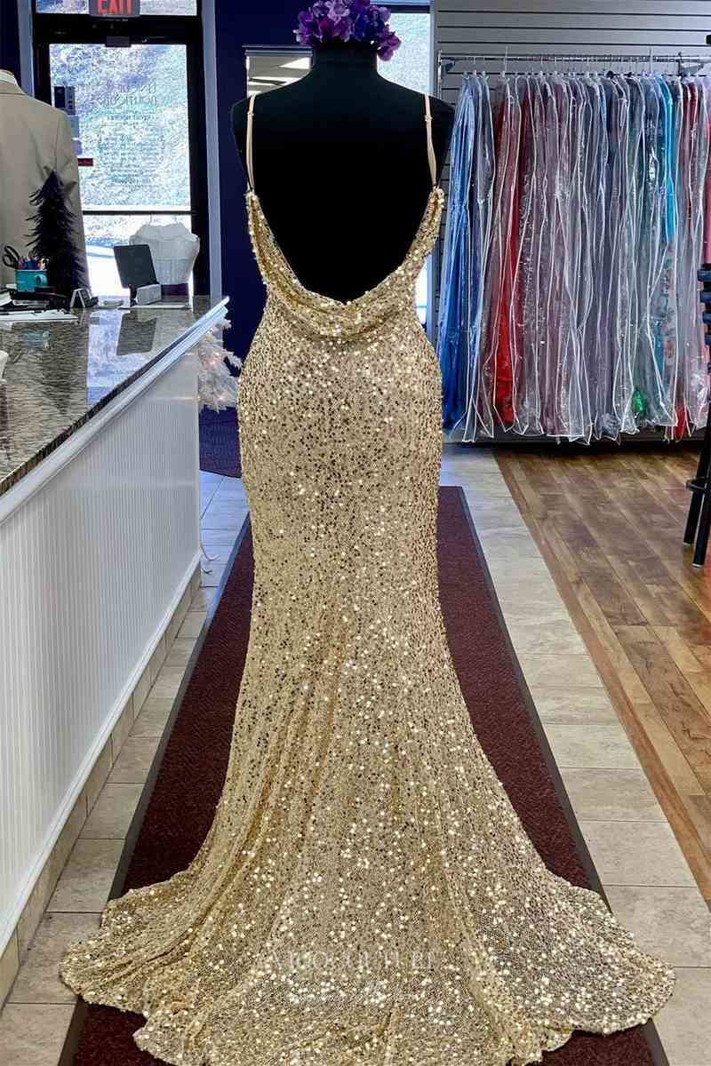 Champagne Sequin Mermaid Cheap Prom Dresses with Slit Spaghetti Strap vigocouture Champagne Sequin Mermaid Cheap Prom Dresses with Slit Spaghetti Strap vigocouture