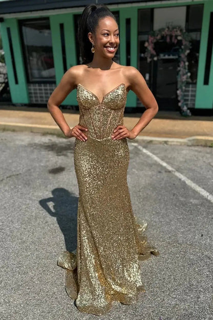 Prom Dresses 2025 to impress Champagne Sequin Mermaid Prom Dresses 2025 Sweetheart Neck Formal Dresses – 25124-vigocouture-vigocouture