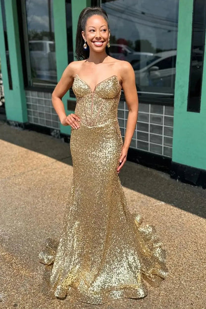 Prom Dresses 2025 to impress Champagne Sequin Mermaid Prom Dresses 2025 Sweetheart Neck Formal Dresses – 25124-vigocouture-vigocouture