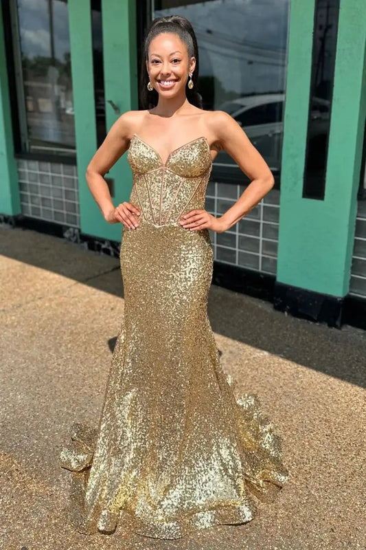 Prom Dresses 2025 to impress Champagne Sequin Mermaid Prom Dresses 2025 Sweetheart Neck Formal Dresses – 25124-vigocouture-Champagne-Custom Size-vigocouture