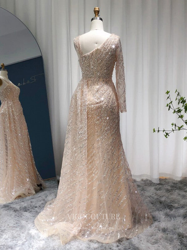 Prom Dress 2025 Champagne Sequin Prom Dresses with Slit One Shoulder Overskirt Pageant Dress 22155-unique elegant Prom Dresses-Champagne-US2-vigocouture