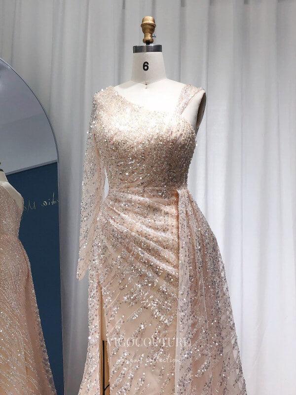 Prom Dress 2025 Champagne Sequin Prom Dresses with Slit One Shoulder Overskirt Pageant Dress 22155-unique elegant Prom Dresses-Champagne-US2-vigocouture