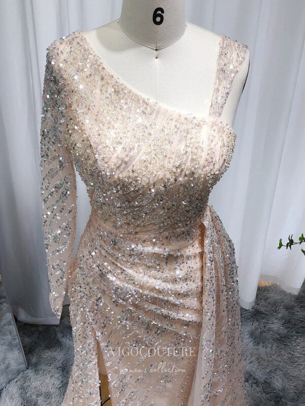 Prom Dress 2025 Champagne Sequin Prom Dresses with Slit One Shoulder Overskirt Pageant Dress 22155-unique elegant Prom Dresses-Champagne-US2-vigocouture