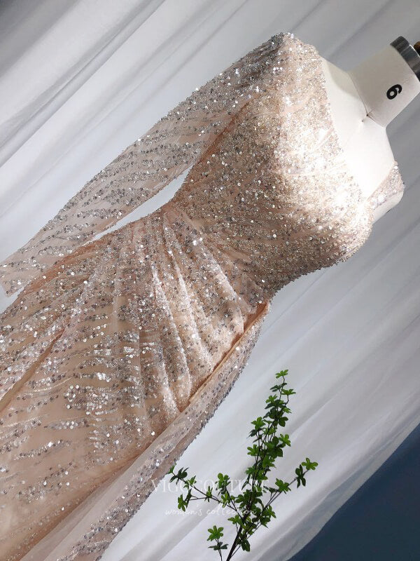 Prom Dress 2025 Champagne Sequin Prom Dresses with Slit One Shoulder Overskirt Pageant Dress 22155-unique elegant Prom Dresses-Champagne-US2-vigocouture