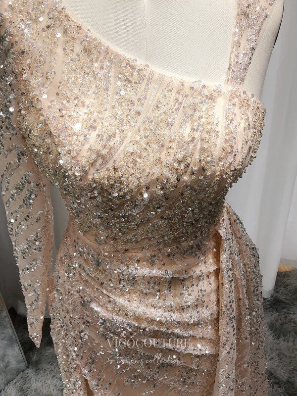 Prom Dress 2025 Champagne Sequin Prom Dresses with Slit One Shoulder Overskirt Pageant Dress 22155-unique elegant Prom Dresses-Champagne-US2-vigocouture