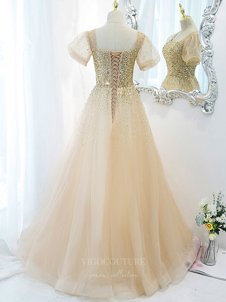 Prom Dress 2025 Champagne Sequin Tulle Puffed Sleeve Prom Dress 20876-unique elegant Prom Dresses-Champagne-Custom Size-vigocouture