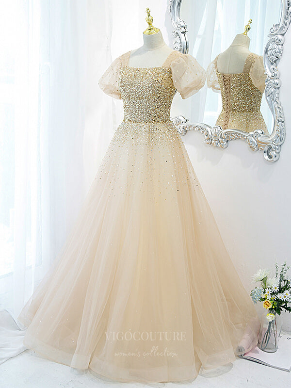 Prom Dress 2025 Champagne Sequin Tulle Puffed Sleeve Prom Dress 20876-unique elegant Prom Dresses-Champagne-Custom Size-vigocouture