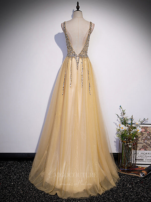 Prom Dress 2025 Champagne Sequin Tulle V-Neck Prom Dress 20889-unique elegant Prom Dresses-Champagne-Custom Size-vigocouture