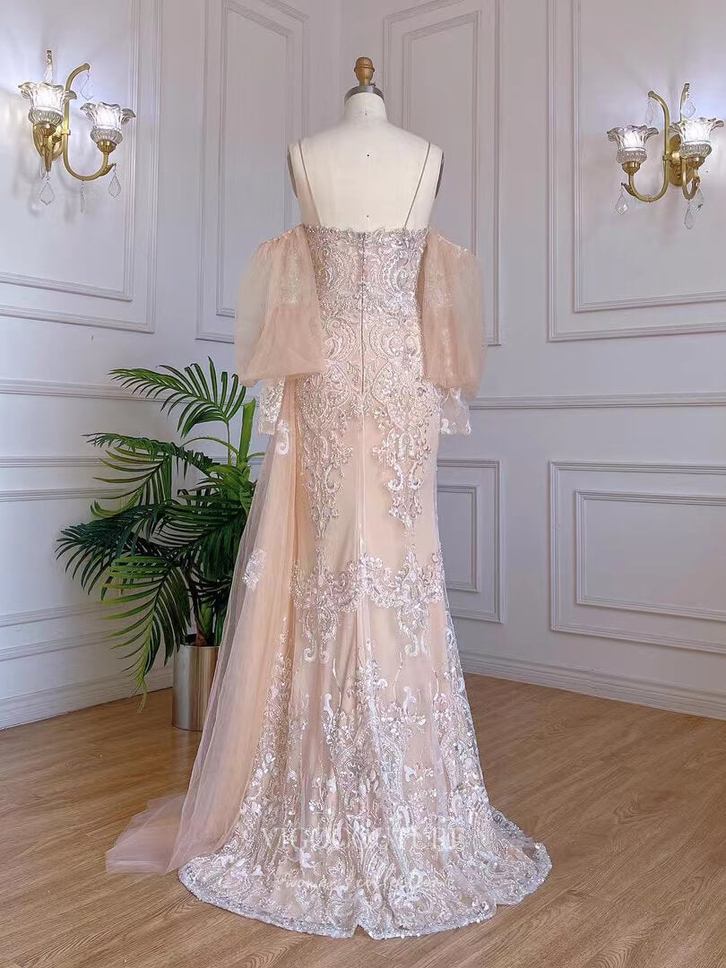 Champagne Sheath Prom Dresses with Slit Lace Applique Evening Dress 22136 Champagne / US8 Champagne Sheath Prom Dresses with Slit Lace Applique Evening Dress 22136 Champagne / US8