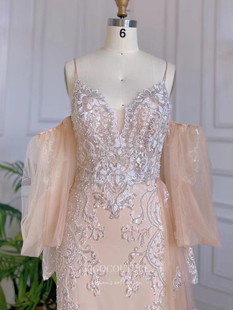 Champagne Sheath Prom Dresses with Slit Lace Applique Evening Dress 22136 Champagne / US8 Champagne Sheath Prom Dresses with Slit Lace Applique Evening Dress 22136 Champagne / US8