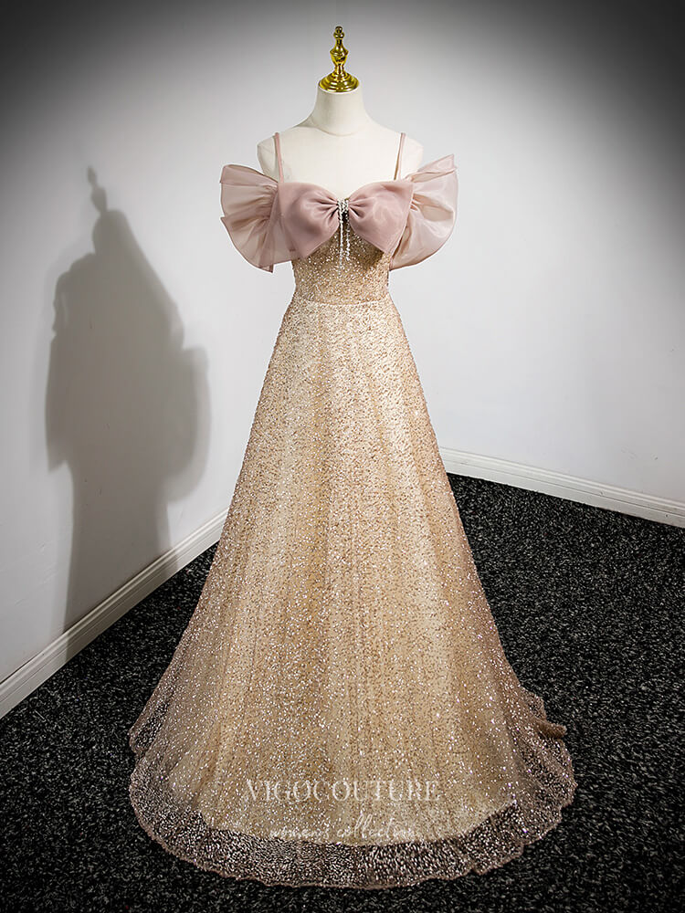 Prom Dress 2025 Champagne Sparkly Bow Tie Prom Dresses Spaghetti Strap Evening Dress 24419-unique elegant Prom Dresses-Champagne-Custom Size-vigocouture