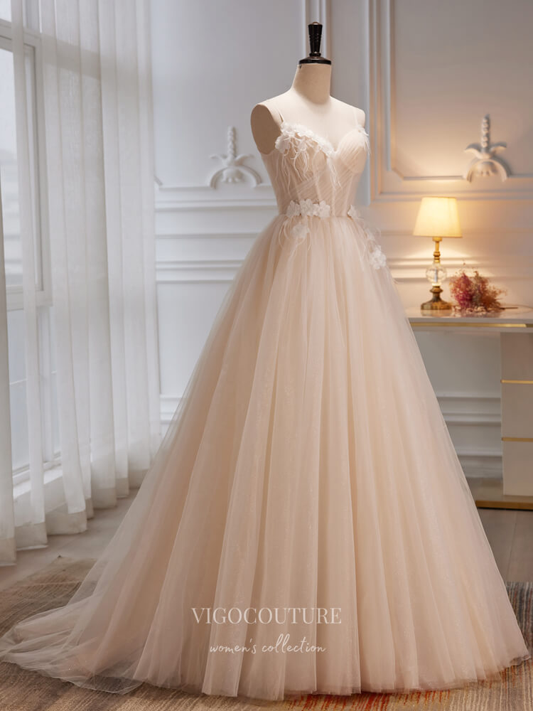 Prom Dress 2025 Champagne Sparkly Tulle Prom Dresses Spaghetti Strap 3D Flower Formal Gown 22173-unique elegant Prom Dresses-Champagne-US2-vigocouture