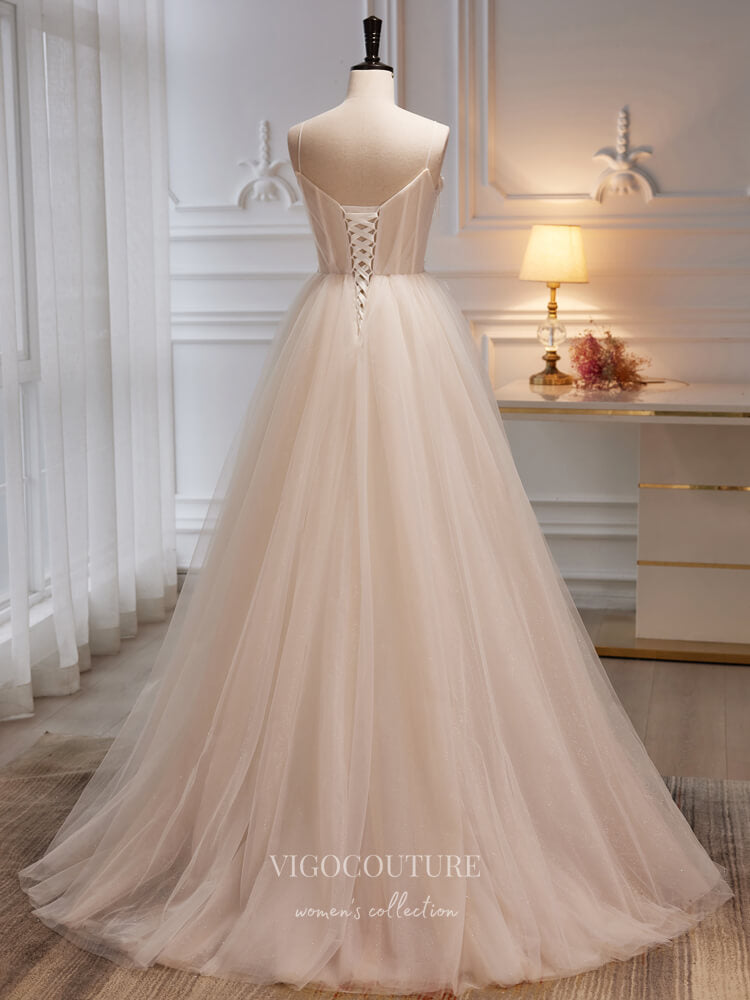 Champagne Sparkly Tulle Prom Dresses Spaghetti Strap 3D Flower Formal – vigocouture