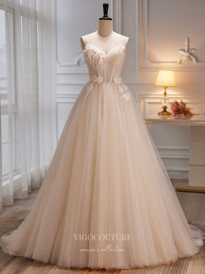 Champagne Sparkly Tulle Prom Dresses Spaghetti Strap 3D Flower Formal – vigocouture
