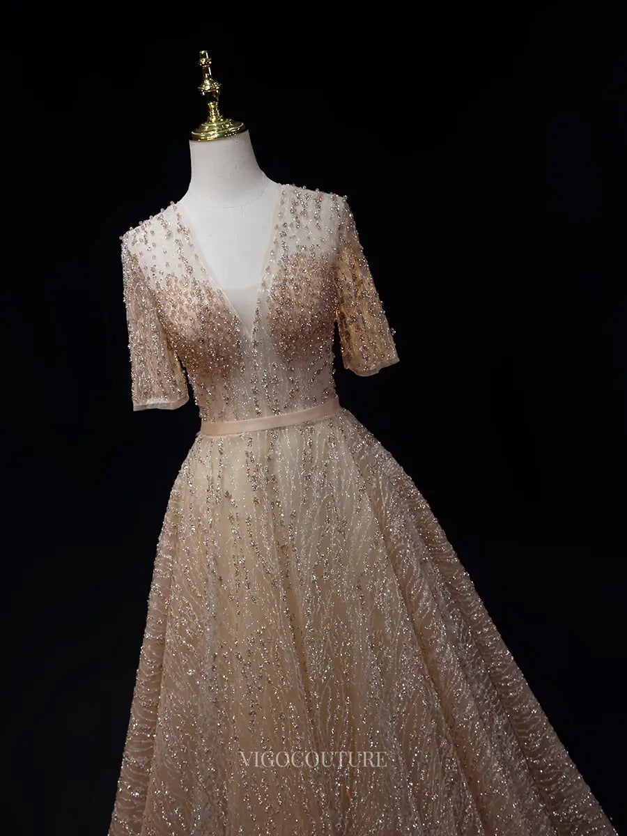 Champagne Sparkly Tulle Prom Dresses with Short Sleeve, V-Neck, Pageant Dresses SU015 - Custom Colors / US2 Champagne Sparkly Tulle Prom Dresses with Short Sleeve, V-Neck, Pageant Dresses SU015 - Custom Colors / US2