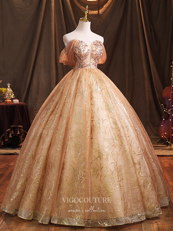 Champagne Sparkly Tulle Quinceanera Dresses Sequin Princess Dresses 21 – vigocouture