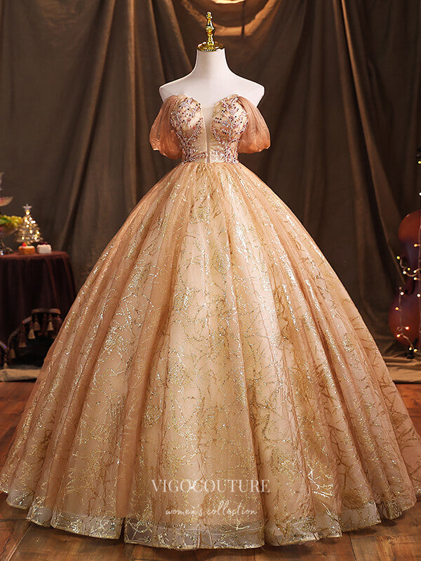 Champagne Sparkly Tulle Quinceanera Dresses Sequin Princess Dresses 21 – vigocouture