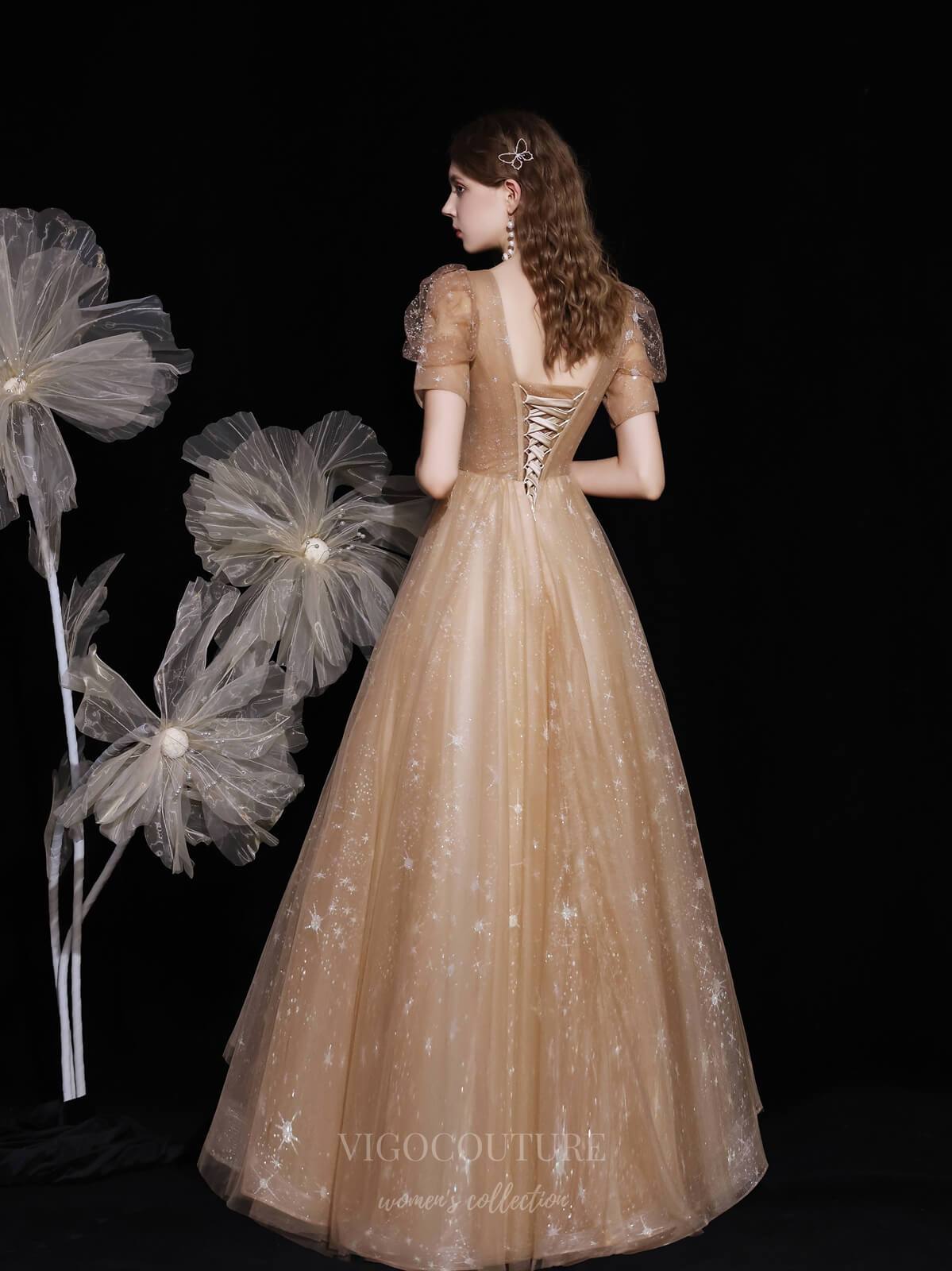 Prom Dress 2025 Champagne Sparkly Tulle V-Neck Prom Dress 20721-unique elegant Prom Dresses-Champagne-US2-vigocouture