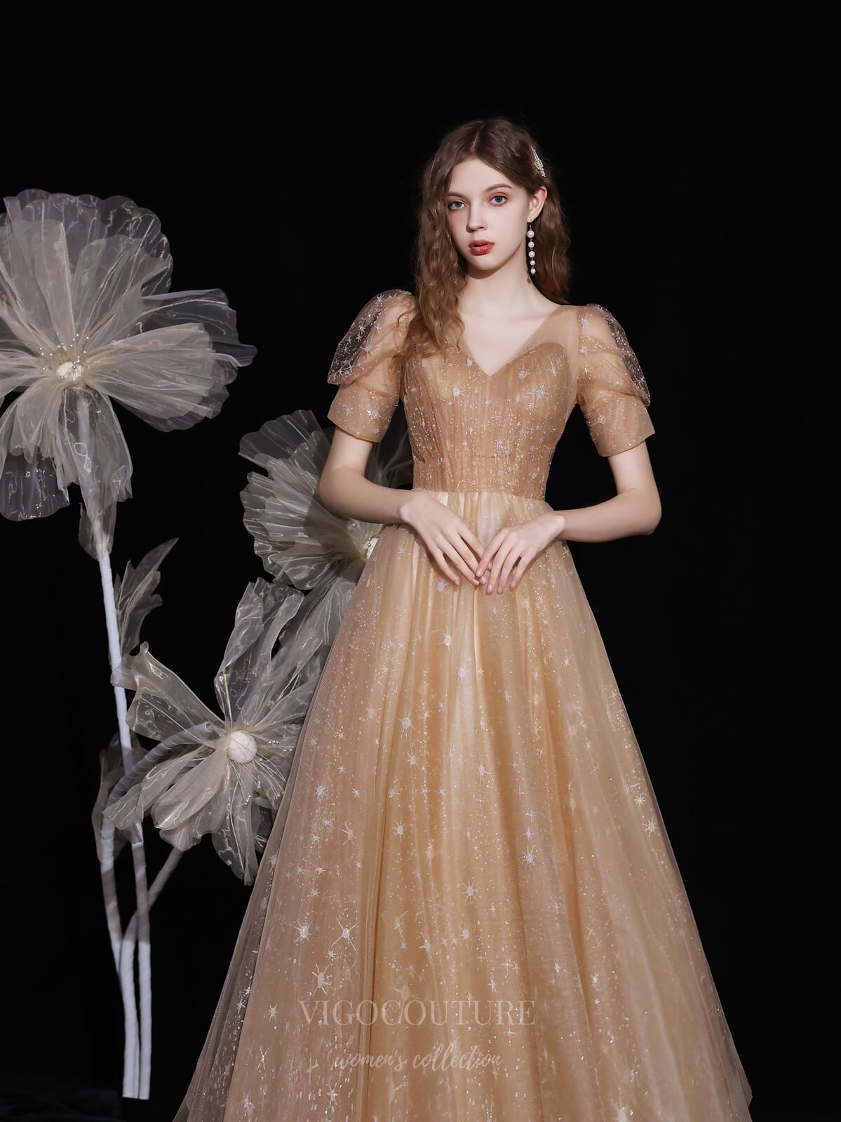 Prom Dress 2025 Champagne Sparkly Tulle V-Neck Prom Dress 20721-unique elegant Prom Dresses-Champagne-US2-vigocouture