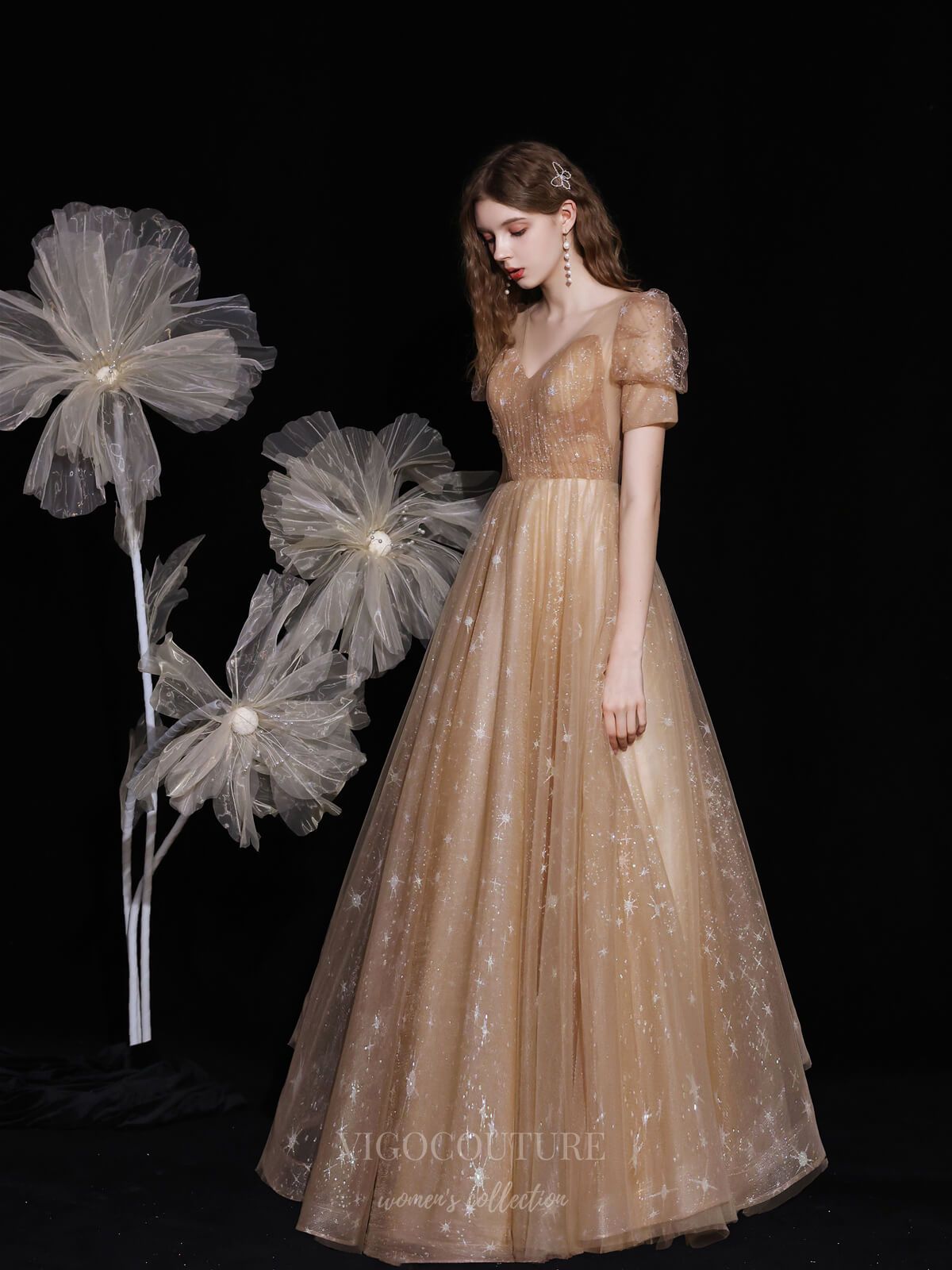 Prom Dress 2025 Champagne Sparkly Tulle V-Neck Prom Dress 20721-unique elegant Prom Dresses-Champagne-US2-vigocouture