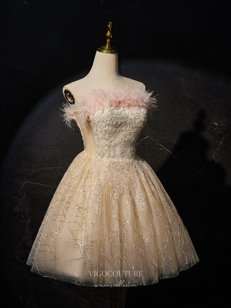 Champagne Strapless Feather Homecoming Dress Beaded Sequin Graduation Dress hc308 Champagne / US4 Champagne Strapless Feather Homecoming Dress Beaded Sequin Graduation Dress hc308 Champagne / US4