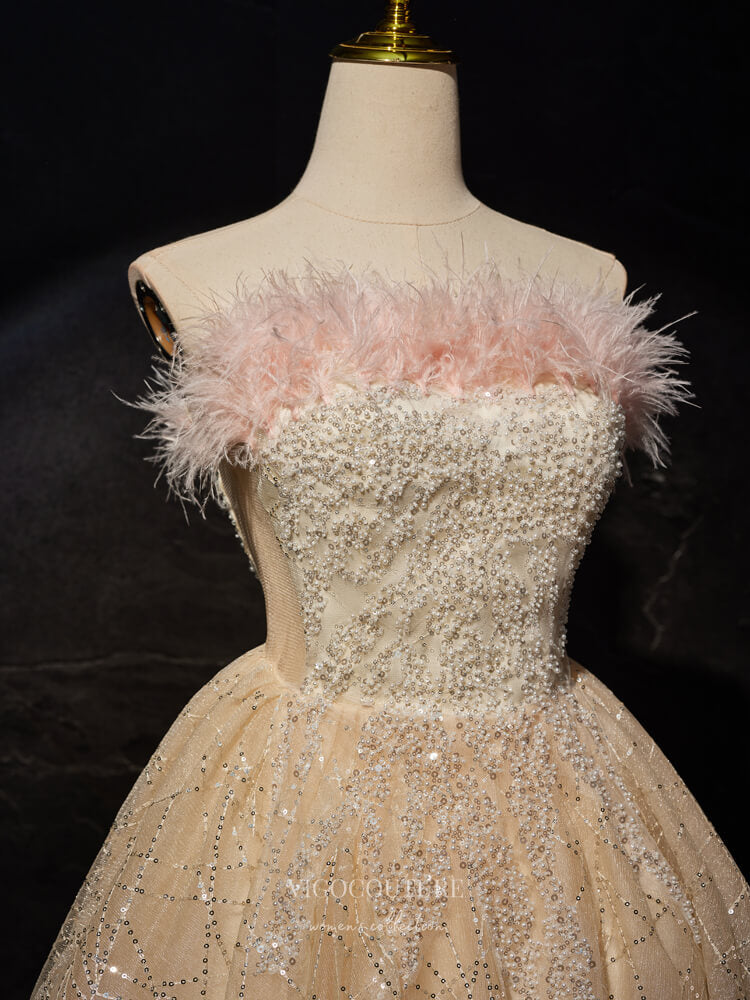 Champagne Strapless Feather Homecoming Dress Beaded Sequin Graduation Dress Hc308 Champagne / US4 Champagne Strapless Feather Homecoming Dress Beaded Sequin Graduation Dress Hc308 Champagne / US4