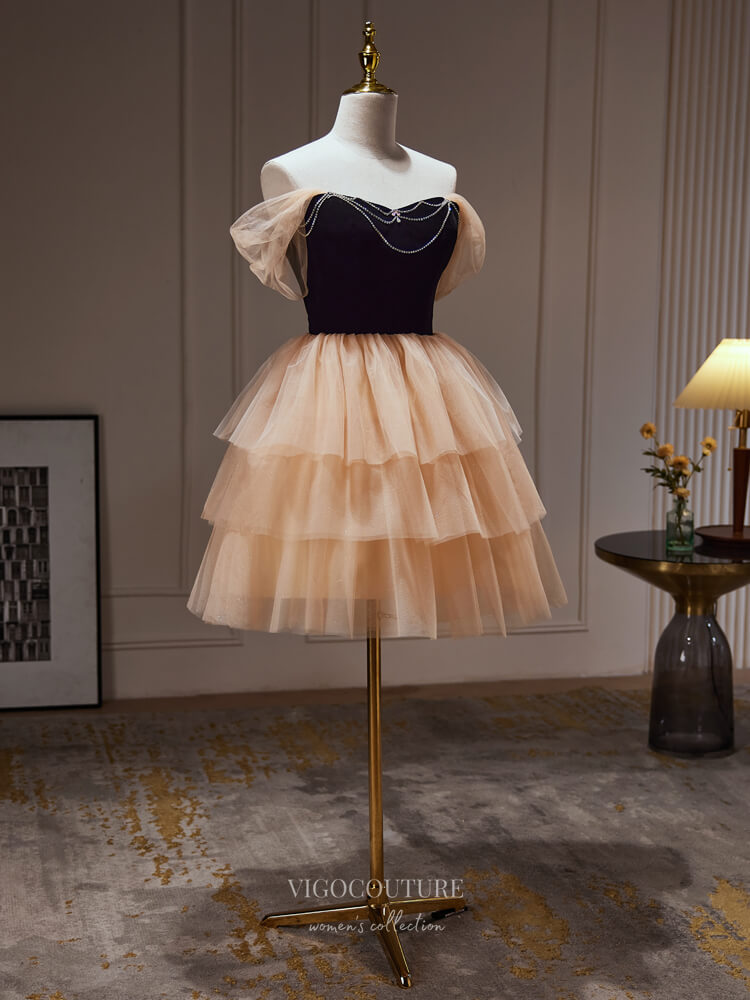 Champagne Tiered Tulle Homecoming Dress Off the Shoulder Graduation Dress hc311 Custom Colors / US6 Champagne Tiered Tulle Homecoming Dress Off the Shoulder Graduation Dress hc311 Custom Colors / US6