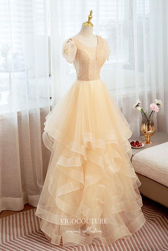 Champagne Tiered V-Neck Formal Dress Short Sleeve Prom Dresses 21637 Champagne / US12 Champagne Tiered V-Neck Formal Dress Short Sleeve Prom Dresses 21637 Champagne / US12