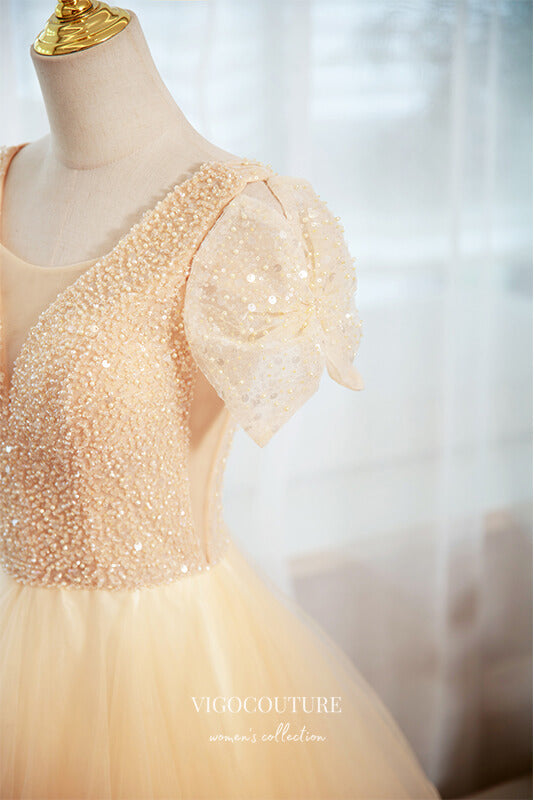 Champagne Tiered V-Neck Formal Dress Short Sleeve Prom Dresses 21637 Champagne / US12 Champagne Tiered V-Neck Formal Dress Short Sleeve Prom Dresses 21637 Champagne / US12