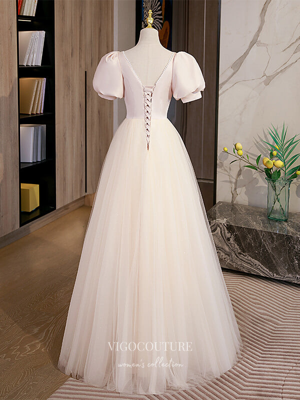 Champagne Tulle Prom Dresses Puffed Sleeve Formal Dresses 21502 Custom Colors / US4 Champagne Tulle Prom Dresses Puffed Sleeve Formal Dresses 21502 Custom Colors / US4