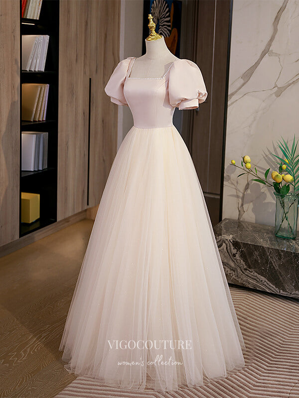 Champagne Tulle Prom Dresses Puffed Sleeve Formal Dresses 21502 Custom Colors / US4 Champagne Tulle Prom Dresses Puffed Sleeve Formal Dresses 21502 Custom Colors / US4