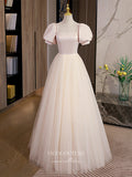 Champagne Tulle Prom Dresses Puffed Sleeve Formal Dresses 21502