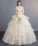 Champagne Tulle Prom Dresses Tiered Spaghetti Strap Formal Gown 21816