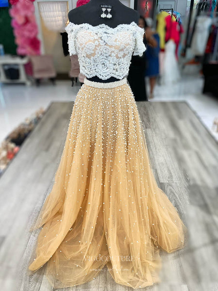 Champagne Two Piece Prom Dresses Lace Applique Bodice Pearl Tulle 2415 – vigocouture