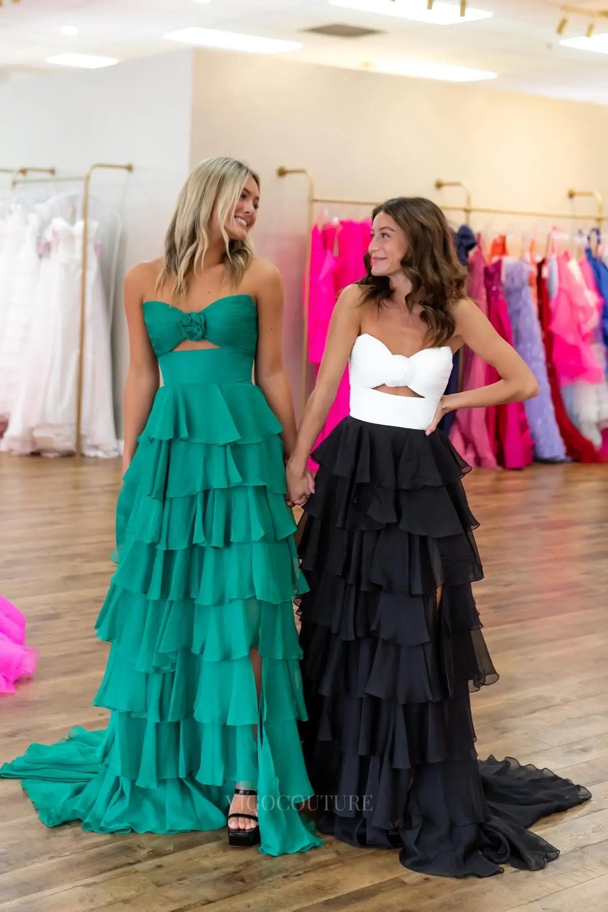 Prom Dresses 2025 to impress Chic Strapless Prom Dress with Rosette Bodice, Tiered Ruffle Skirt and High Slit – 26160-vigocouture-Black-US 0-vigocouture