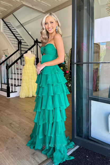 Prom Dresses 2025 to impress Chic Strapless Prom Dress with Rosette Bodice, Tiered Ruffle Skirt and High Slit – 26160-vigocouture-vigocouture